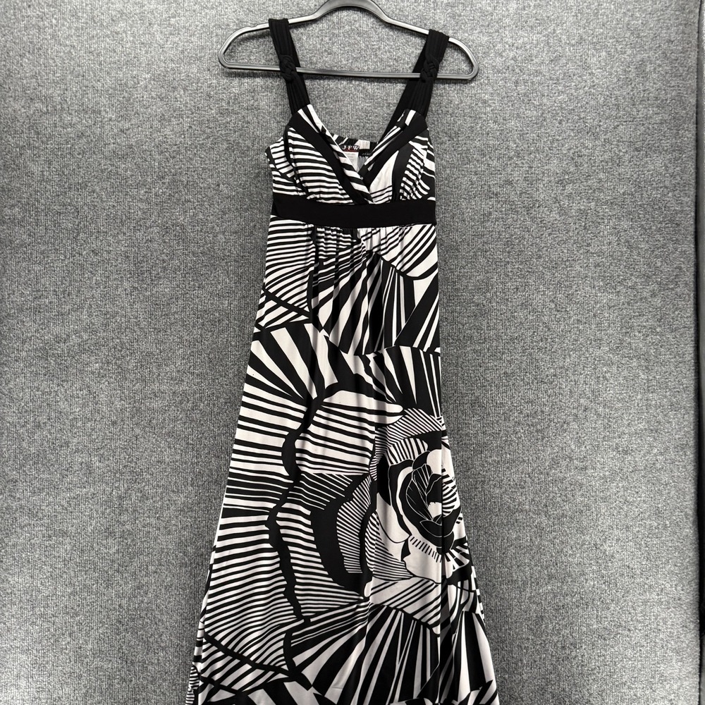 Vintage 90s Womens Dress Size S Black White Empire Waist Sleeveless Maxi Long